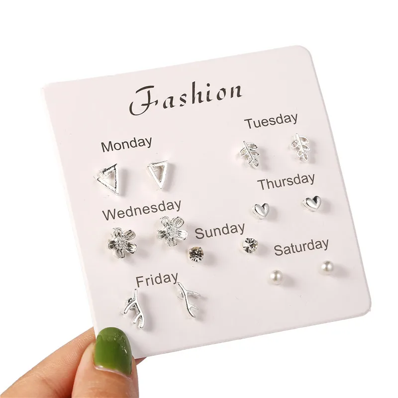 Женские серьги пусеты 6 пар/компл.. Дешевые с жемчугом и сердечком. Модные