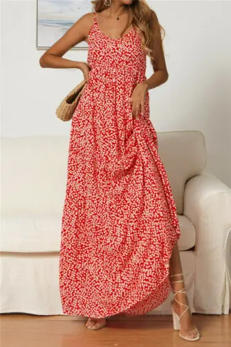 

New Women Floral Boho Sundress Summer Holiday Beach Party Strappy Maxi Dress
