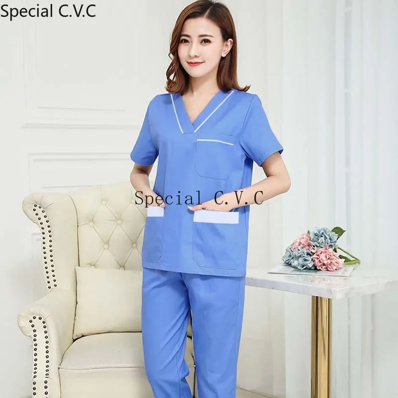 Летняя женская мода скраб набор Классический v-образный вырез воротник топ +