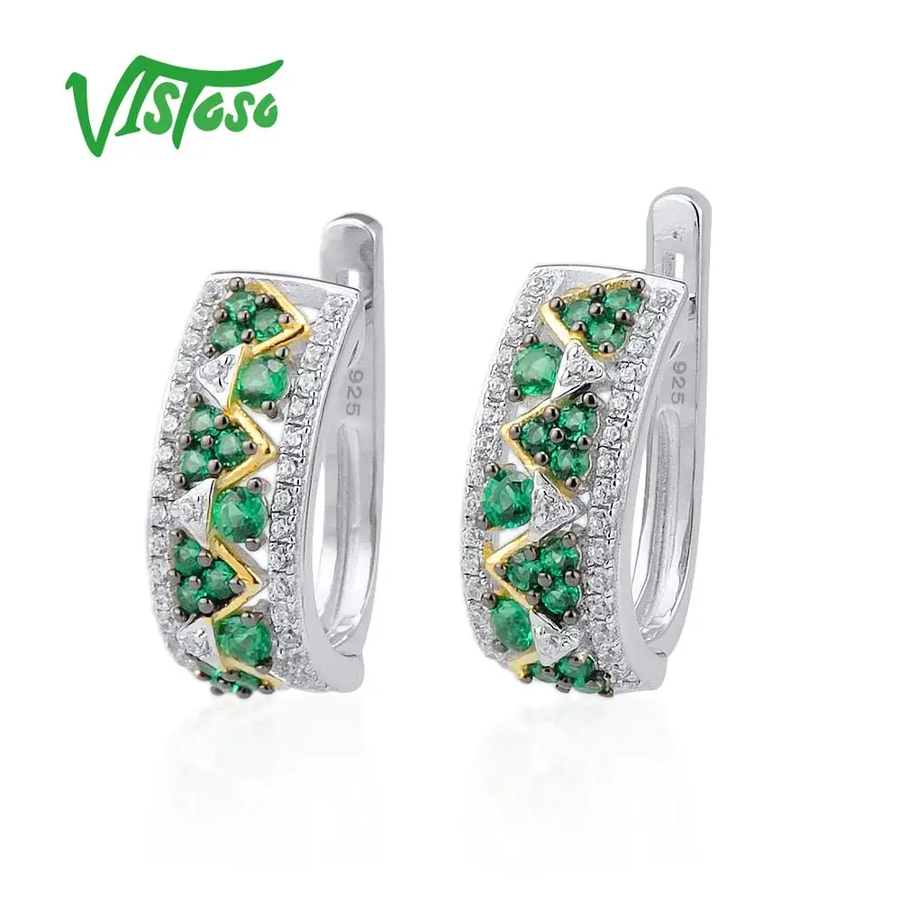 VISTOSO 925 Круглые серьги гвоздики из стерлингового серебра с зеленым шпинелем