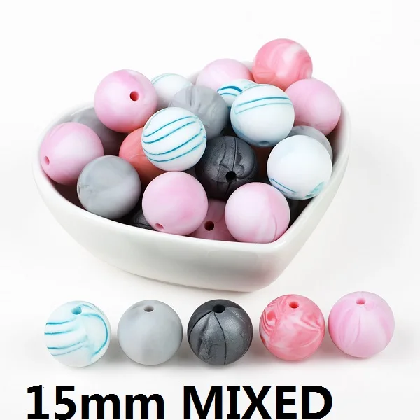 15mm- MIX Тыры. Синтетический каннабиноид класса дибензопиранов HU 10 шт. Силиконовые Бусины 9/12/15 мм Мрамор Детские Прорезыватели для зубов DIY ювелирных изделий Ремесла Цепочки и ожерелья соски-пустышки браслет-цепочка без добавления бисфенола А - Цвет: 15mm- MIX