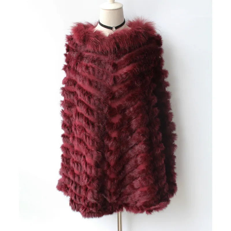 (TopFurMall) женское Вязаное пончо из кроличьего меха шали с воротником енота Женский