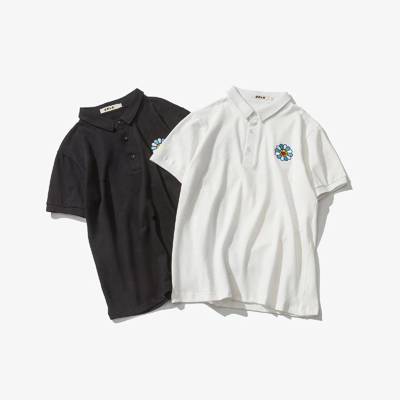 

High Quality Solid Black Polo Shirts Men 2019 New Summer Fashion Short Sleeve Sun Smile Embroidery Shirts M-5XL #D881