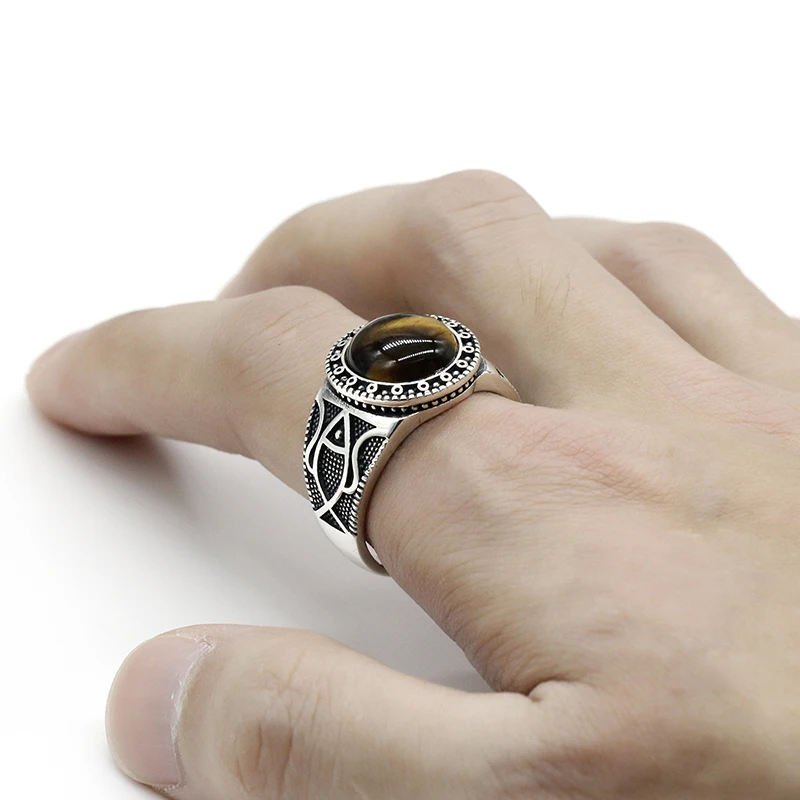Реальные чистые 925 стерлинговое серебро древние турецкие кольца для мужчин с камнем Tiger Eyes Onyx, красочные украшения Punk Rock.