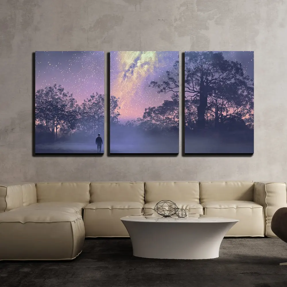 Панно из 3 частей книги по искусству иллюстрации человек стоя против Млечный Путь