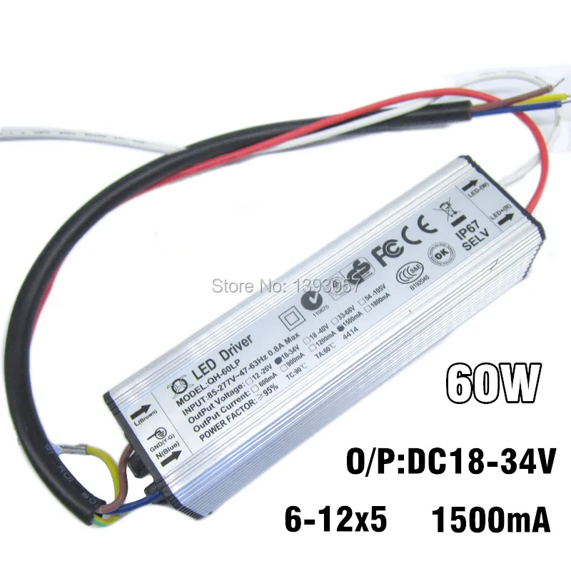 5pcs  60W 1500mA LED Power Supply DC18-34V 6-12 Series * 5 Parallel Waterproof Constant Current Aluminum High Power LED Driver