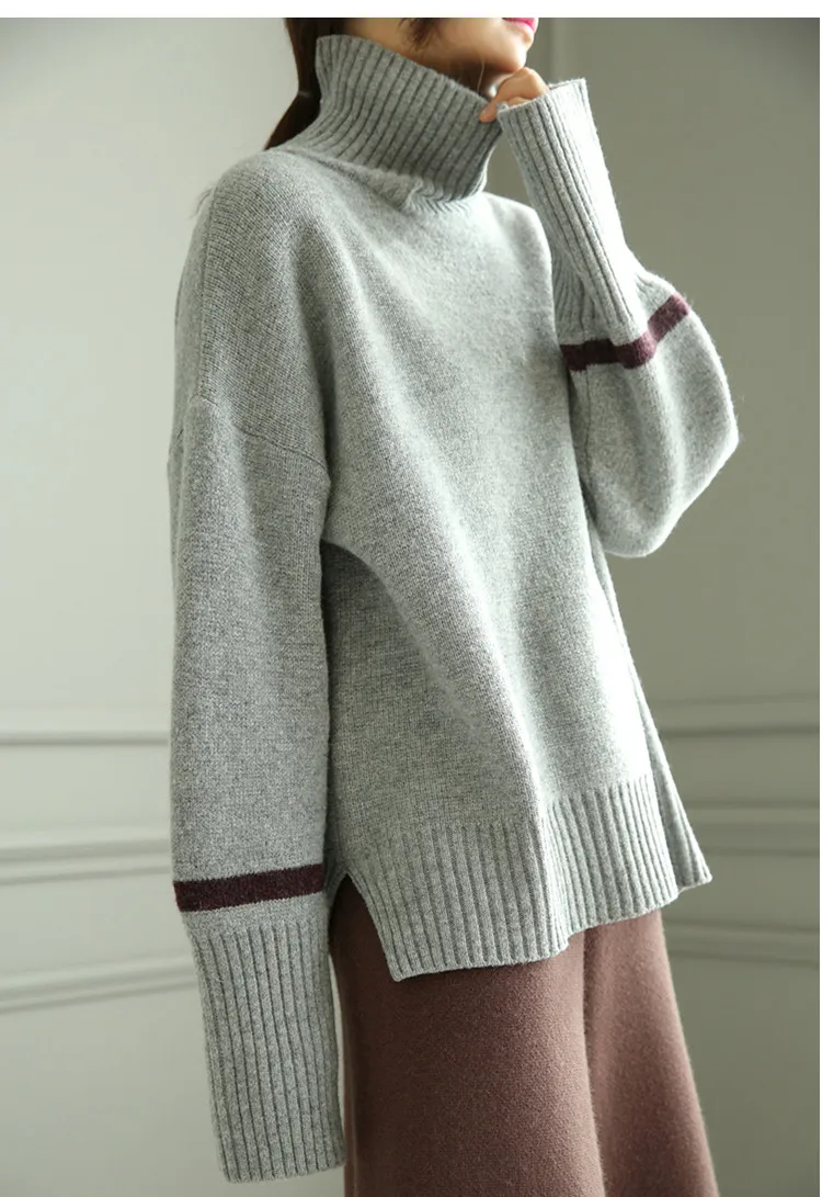 

goat cashmere thick knit women fashion solid high collar loose open hem pullover sweater grey 2color M-XL retail wholesale