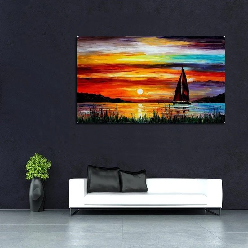 

1 Pcs Rural Landscape Hand Painted Oil Painting On Canvas Art Lovers Boat In the Sea Decorative Pictures Home Decor