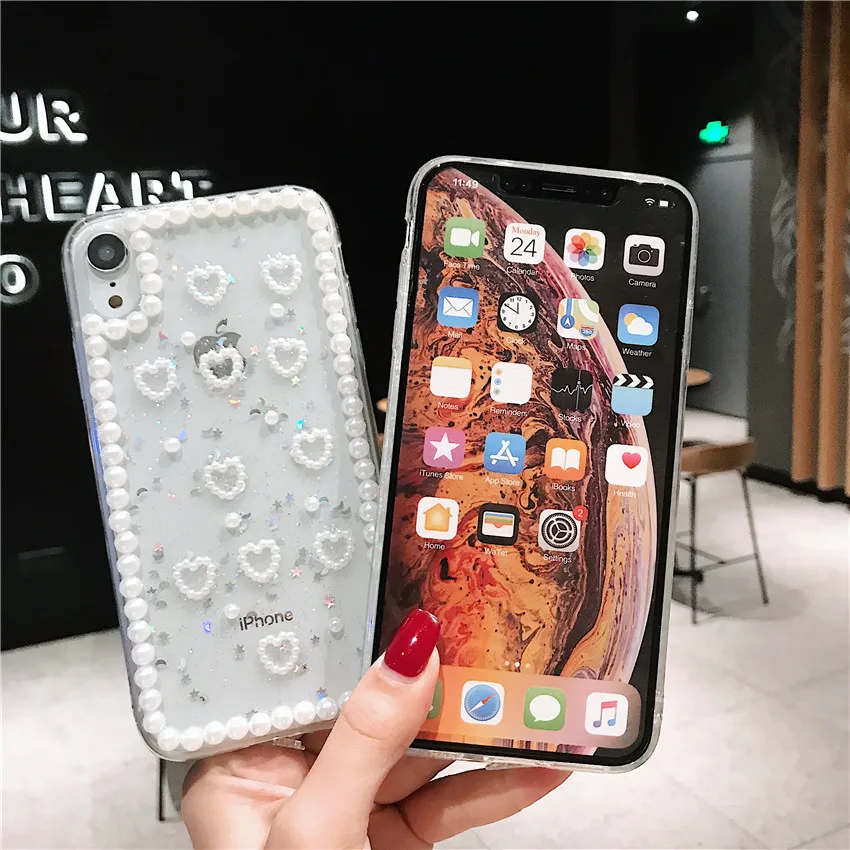 Блестящий Футляр для жемчуга с сердечком ручной работы iPhone 11 Pro Max X Xs Xr + 8 7 Plus