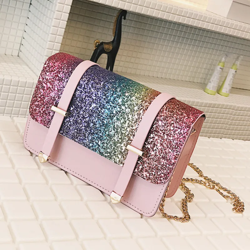 

Fashion Scrub Women Handbag Panelled Sequins Girl Shoulder Messenger Bag Vintage Saddle PU Leather Female Chain Crossbody Bags