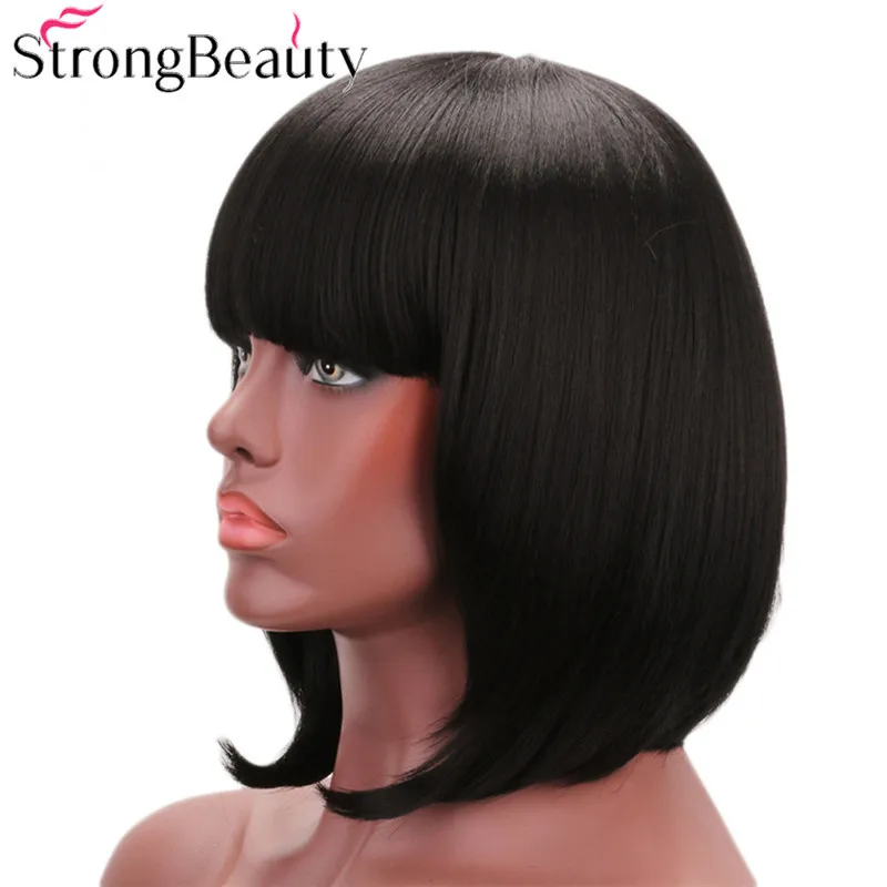 StrongBeauty синтетический парик средней длины Боб с взрыва курчавые прямые натуральные черные волосы боба для женщин высокотемпературные парики