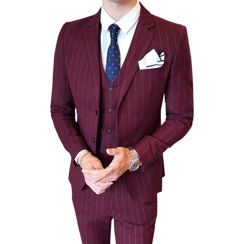 

Costume Hommes Du Mariages Trois Pieces Men Slim Fit Striped Suits Sets Male Single-breasted Wedding Bridegroom Dress