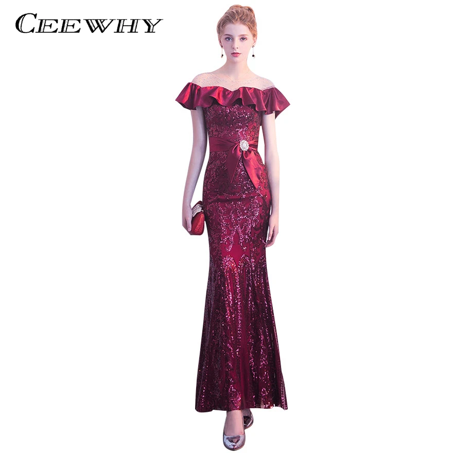 Ceewhy Бургундия оборками Выпускные платья Robe De Soiree блестками вечернее платье