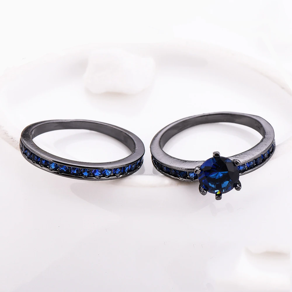 New Women/Men Black gold filled Ring AAA Zircon Cz Blue Birthstone Party Lover Wedding Band Bridal Sets for women | Украшения и