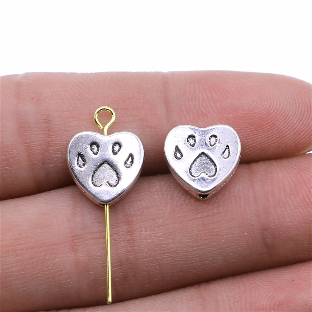 

WYSIWYG 5pcs Paw Print Heart Spacer Beads For Jewelry Making 11x11mm Antique Silver Color Jewelry Accessories