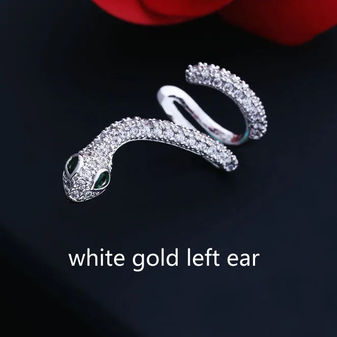one white gold left Модные цельные скрученные серьги в форме змеи, полный AAA кубический цирконий, клипсы для ушей, серьги-манжеты, Женские Ювелирные изделия в стиле панк - Окраска металла: one white gold left