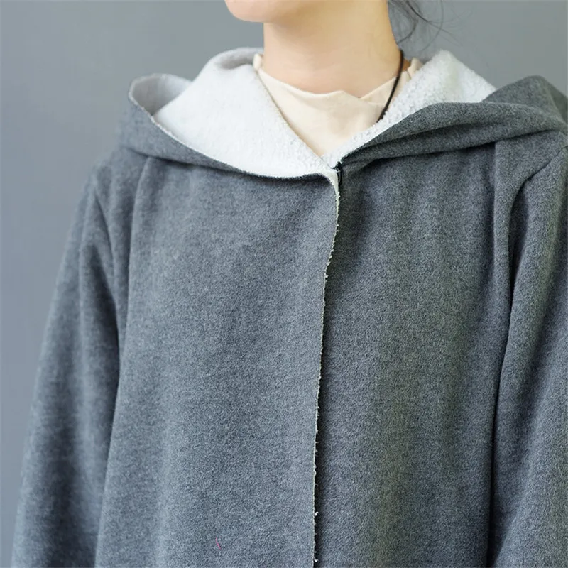 SCUWLINEN, осенне-зимняя женская куртка, одноцветная, винтажная, с капюшоном, на пуговицах, свободная, длинная, утолщенная, хлопок, флис, толстовки S461