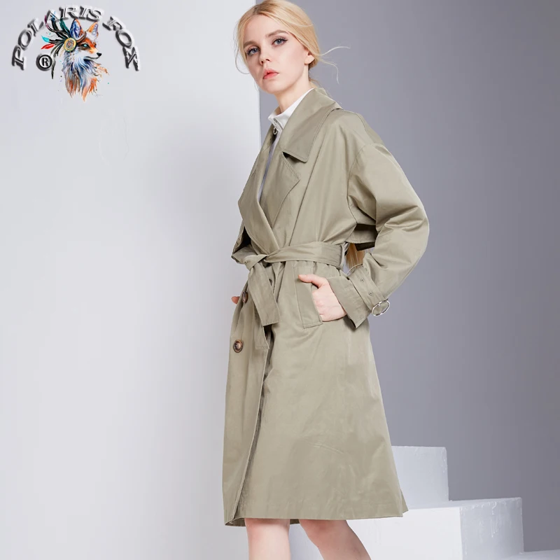Autumn Winter Trench Coat With Belt for Women Leader Adjustable Waist And Sleeve Slim Solid Green Thin Waterproof | Женская одежда