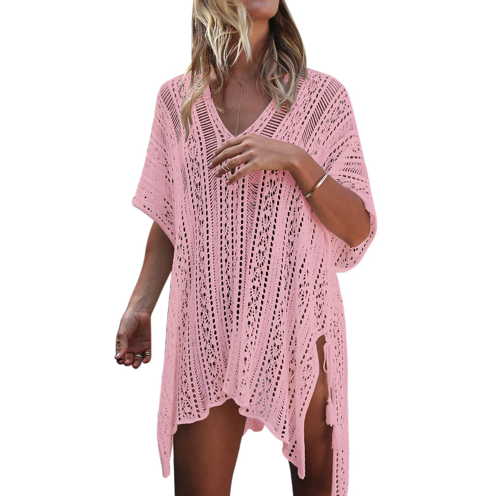 pink Вязаное крючком белое пляжное платье туника длинное парео бикини пляжное платье накидка для плавания пляжная одежда - Цвет: pink