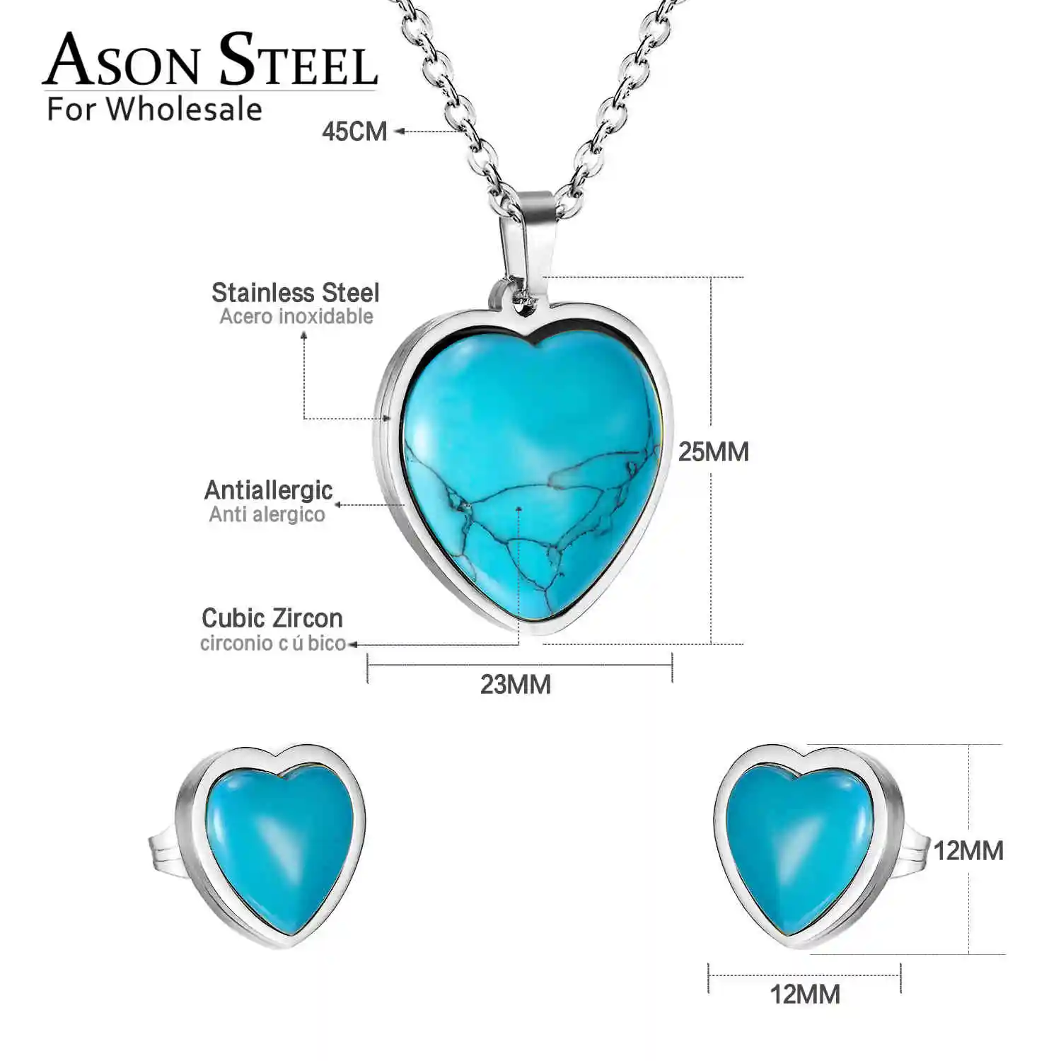 ASON стальное золото/сердечко серебряного цвета голубой эмалированный комплект