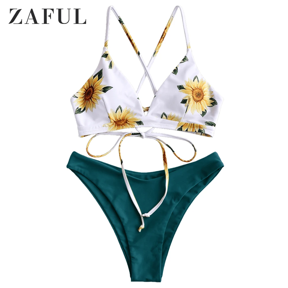ZAFUL Подсолнечное с принтом на шнуровке Crisscross Бикини Комплект Слитный купальник с цветочным принтом Пуш Ап Купальный костюм для женщин Мягкий купальный костюм - Цвет: Greenish Blue