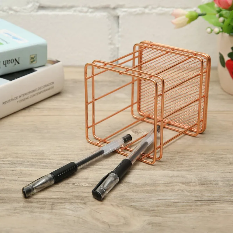 New-Rose Gold Wire Net Pencil / Pen Cup Square Iron Mesh Stationery Organizer Desk Sorter For Office Home Sch | Канцтовары для