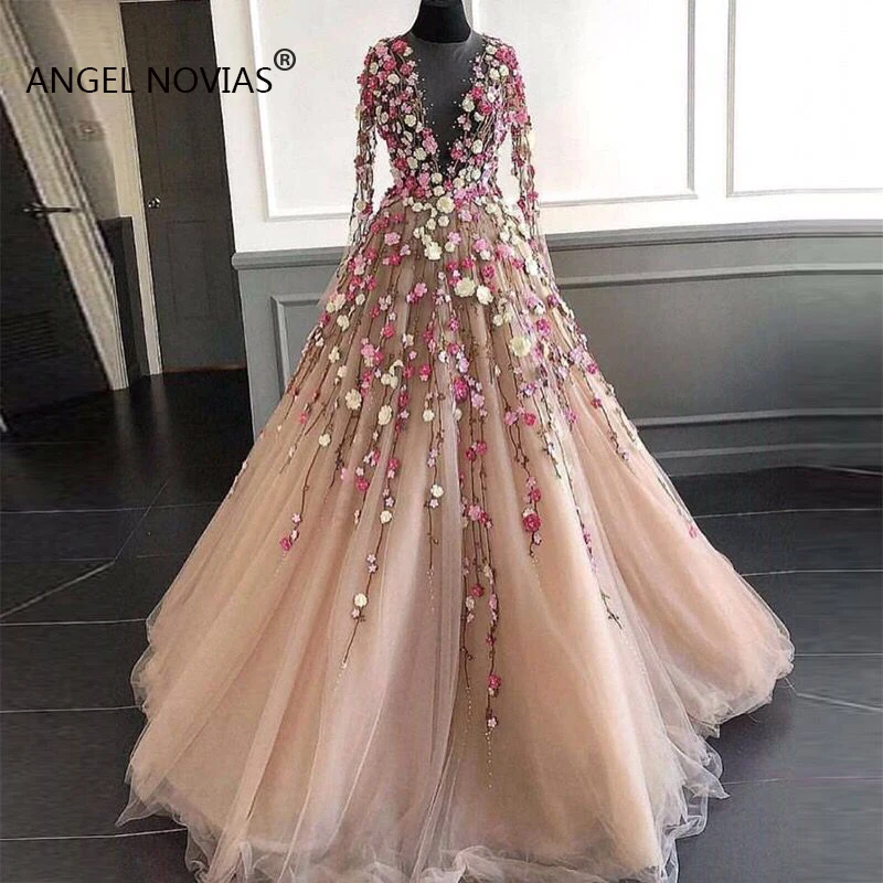 

Angel Novias Long Sleeves Champagne Lace Arabic Abendkleider Evening Dress 2021 with 3D Flowers Vestidos De Noche