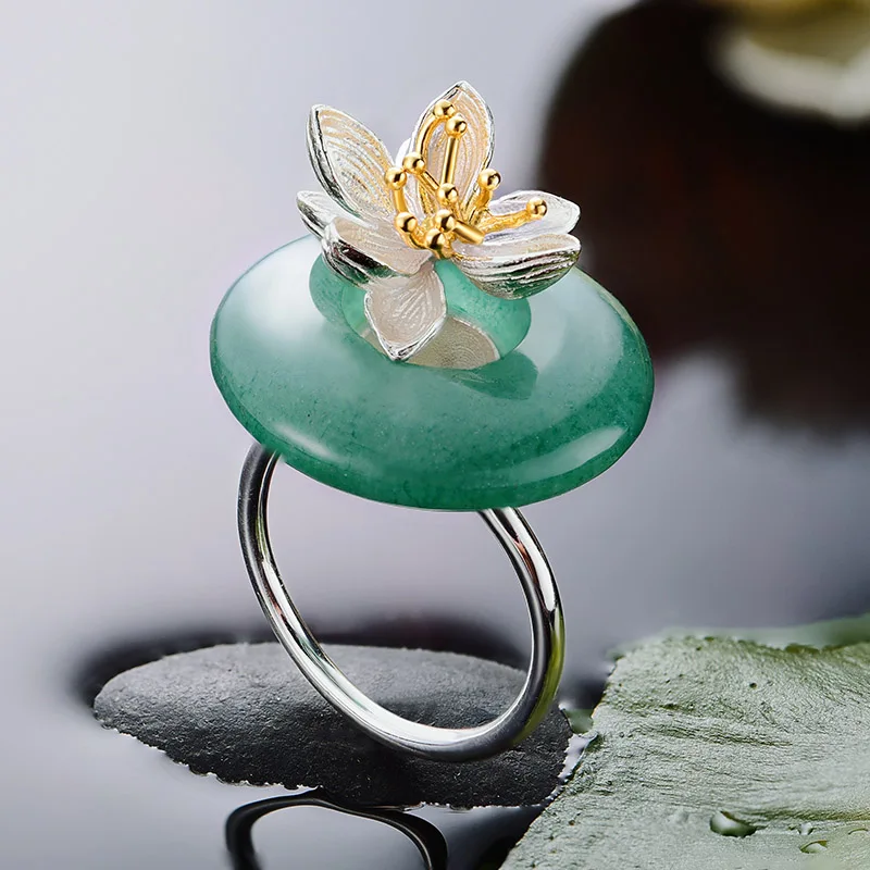 Green Color Lotus Fun Moment реальные 925 серебро натуральный зеленый камень кольца творческий ручной работы Модные украшения лотоса шепчет кольцо для Для женские - Цвет основного камня: Green Color