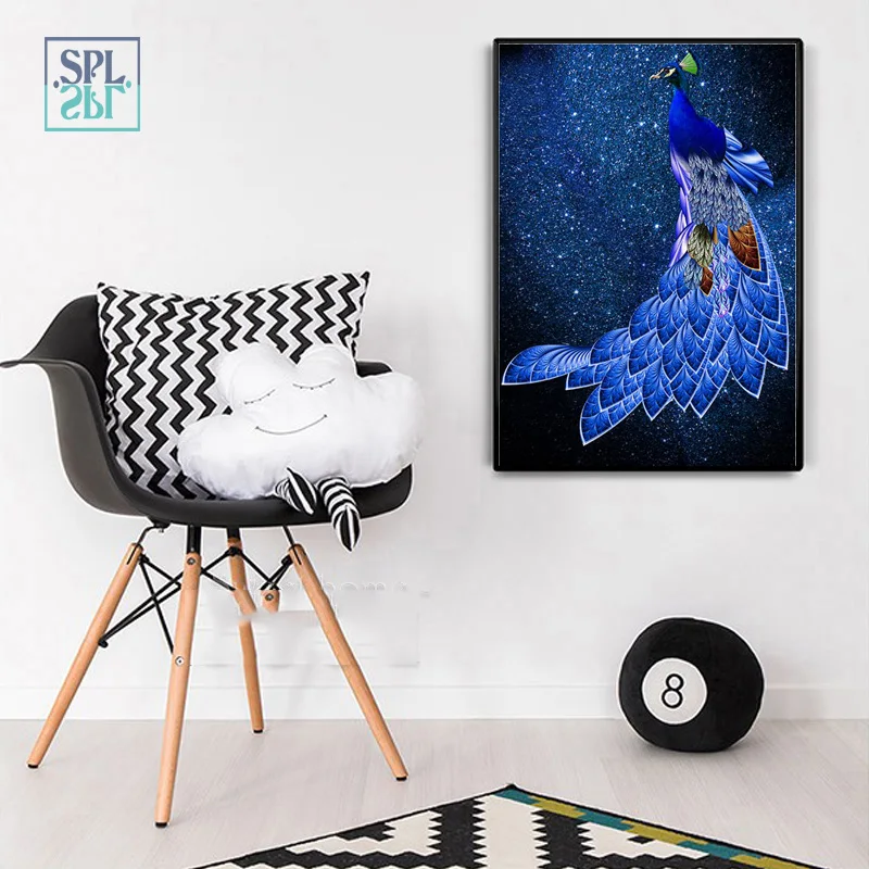 SPLSPL Blue Peacock Animals Canvas Art Print Poster and Painting Cuadros Decoracion Dormitorio Wall Picture for Living Room | Дом и сад