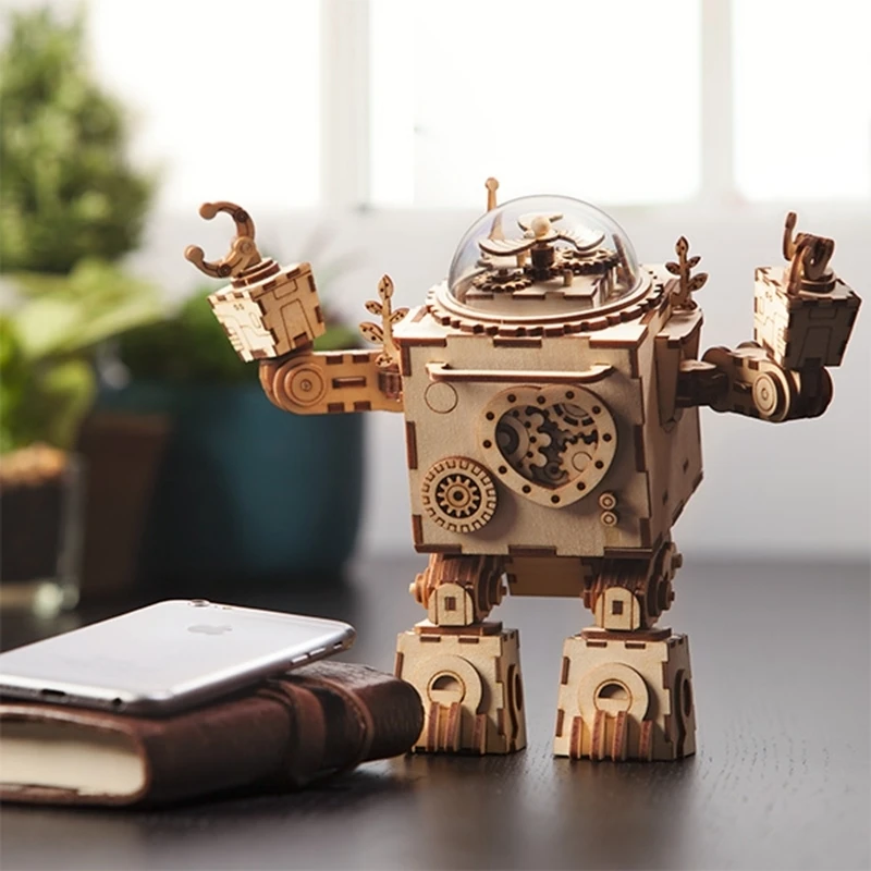 Robotime творческий DIY 3D стимпанк робот деревянная игра-головоломка сборка Музыкальная Коробка игрушка подарок для детей подростков взрослых AM601