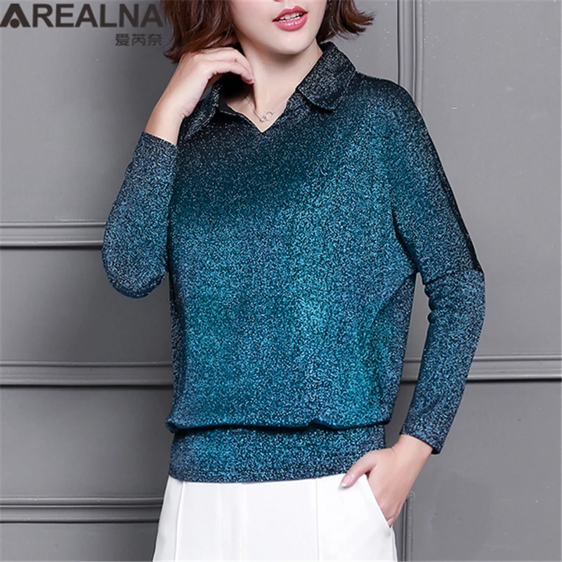 Blusas Mujer De Moda, корейский стиль, блестящий люрекс, Женские топы и блузки размера плюс, длинный рукав, блуза с блестками, уличная одежда, рубашки