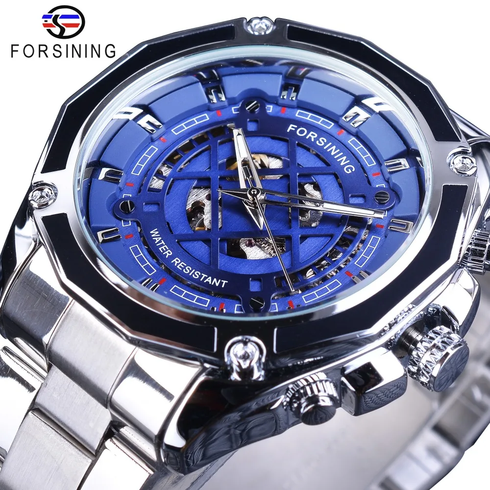 Forsining 2018 Classic Silver Stainless Steel Fashion Blue Dial with Luminous Hands Men's Automatic Watches Top Brand Luxury