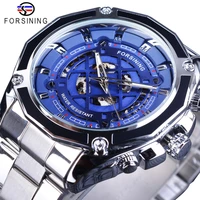 forsining 2018 classic silver stainless steel fashion blue dial with luminous hands mens automatic watches top brand luxury
