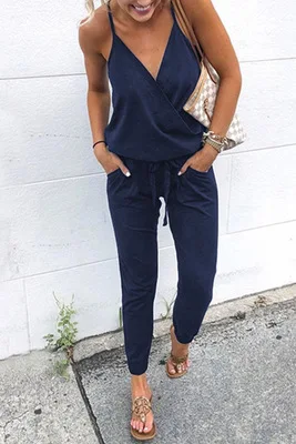 navy blue Летнее платье с v-образным вырезом Для женщин сексуальные комбинезоны с открытыми плечами женское облегающее Combinaison черный комбинезон длинные джинсы с подтяжками - Цвет: navy blue