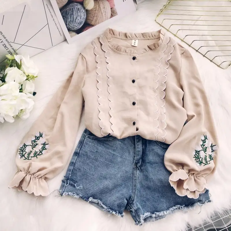 2018 fashion Women Sweet lantern sleeve Blouse shirt female O Neck loose Full Autumn Blusa top |