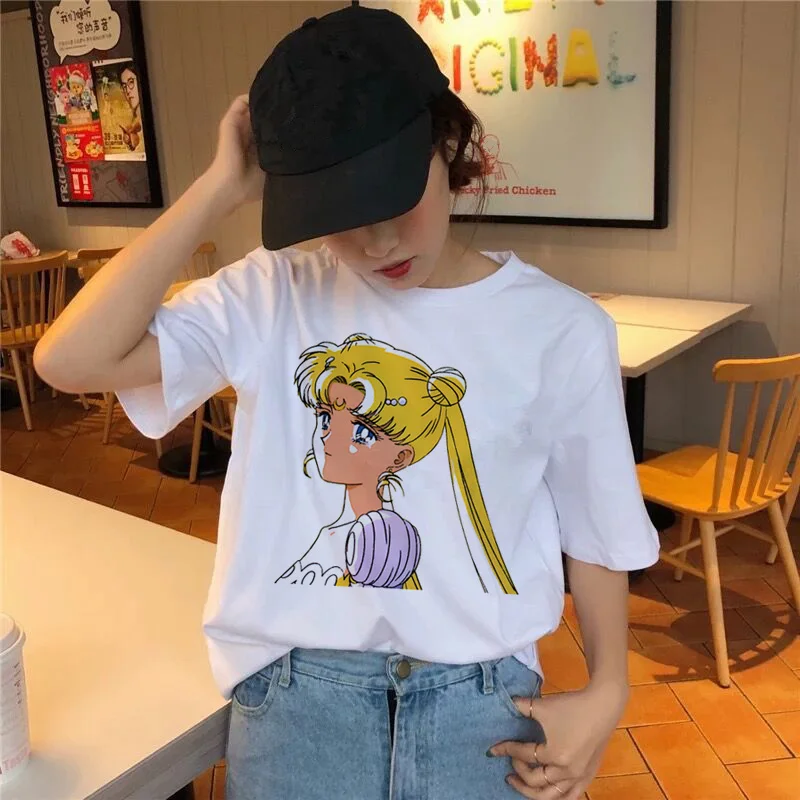 Сейлор Мун футболка Kawaii Женская летняя футболка Harajuku сладкий принт короткий рукав Ullzang футболка Женские топы футболки графический - Цвет: 2052