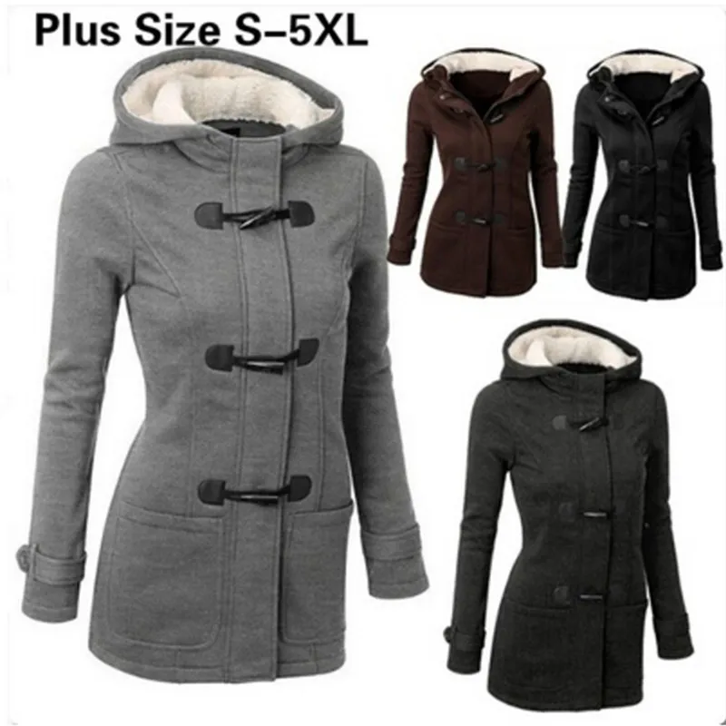 

Female Casual Long Hooded Coat Zipper Horn Button Outwear Fashion Trench Coat Autumn Thick Lining Winter Jacket Overcoat