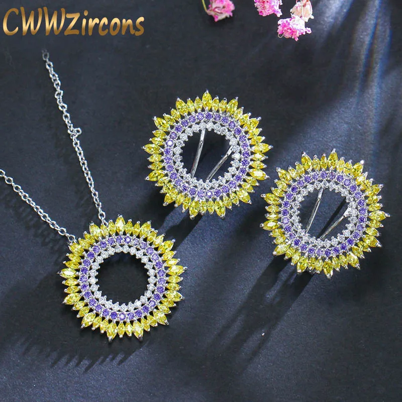 as picture CWWZircons Высокое Качество великолепные желтые фиолетовые кубические камни циркония круглые женские популярные летние серьги ожерелье Ювелирные наборы T093 - Окраска металла: as picture