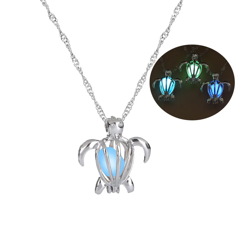 

3 colors Turtle Glow In The Dark Necklaces women Hollow animal tortoise cage pendant Silver color chain For Fashion Jewelry