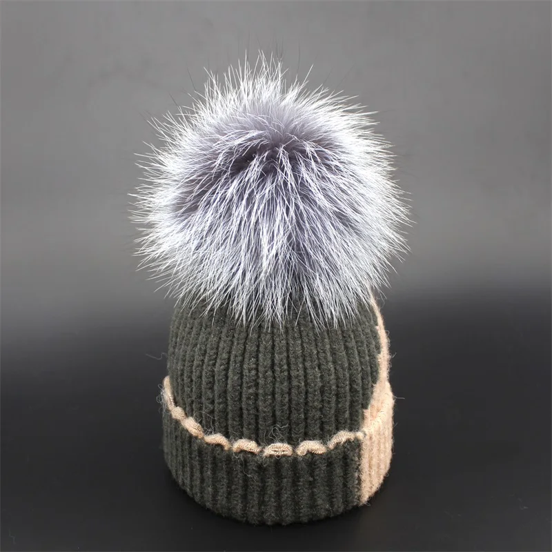 Милые вязаные шапочки, детская зимняя шапка, детские шапки gorro, шапки из натурального меха серебристой лисы для девочек - Цвет: shell pink