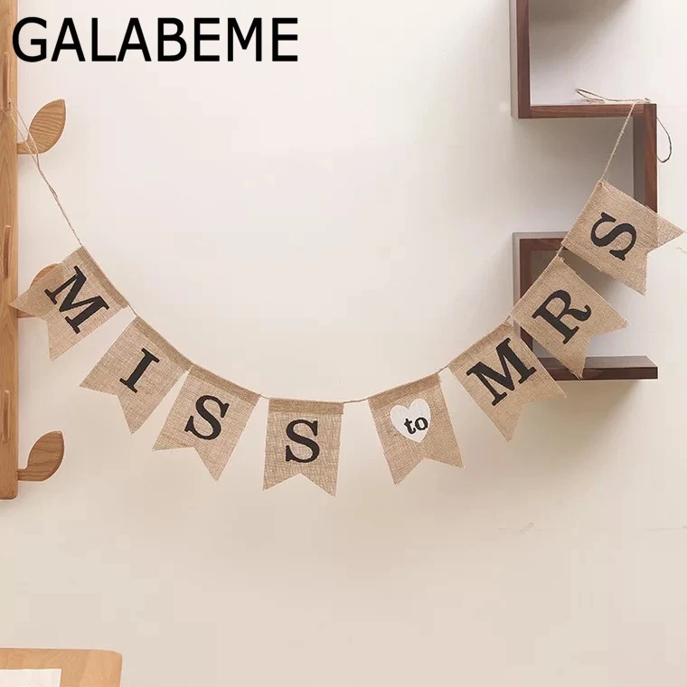 

1set vintage burlap banner MISS TO MRS Bunting flag rustic wedding Decoration centerpieces wedding party supplies