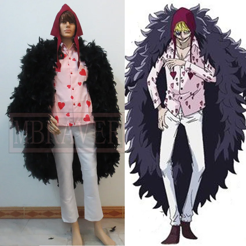 Один кусок Donquixote Rosinante Corazon Косплей Костюм перо пальто+ рубашка+ брюки+ шляпа на заказ любой размер