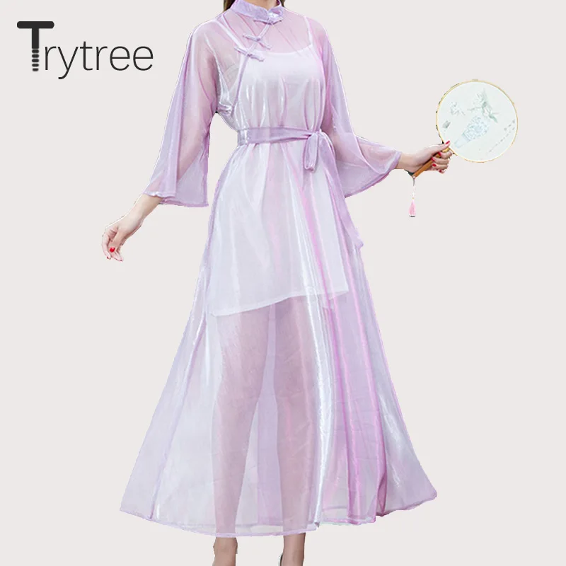 Trytree весна лето платье повседневное женское по щиколотку выдалбливают три