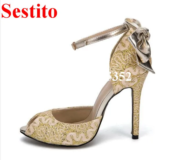 

Sestito Bowtie Wedding Shoes Gold Embroider Flower Bling Crystal Stud Sexy Peep Toe High Heels Pumps Banquet Formal Dress Shoes