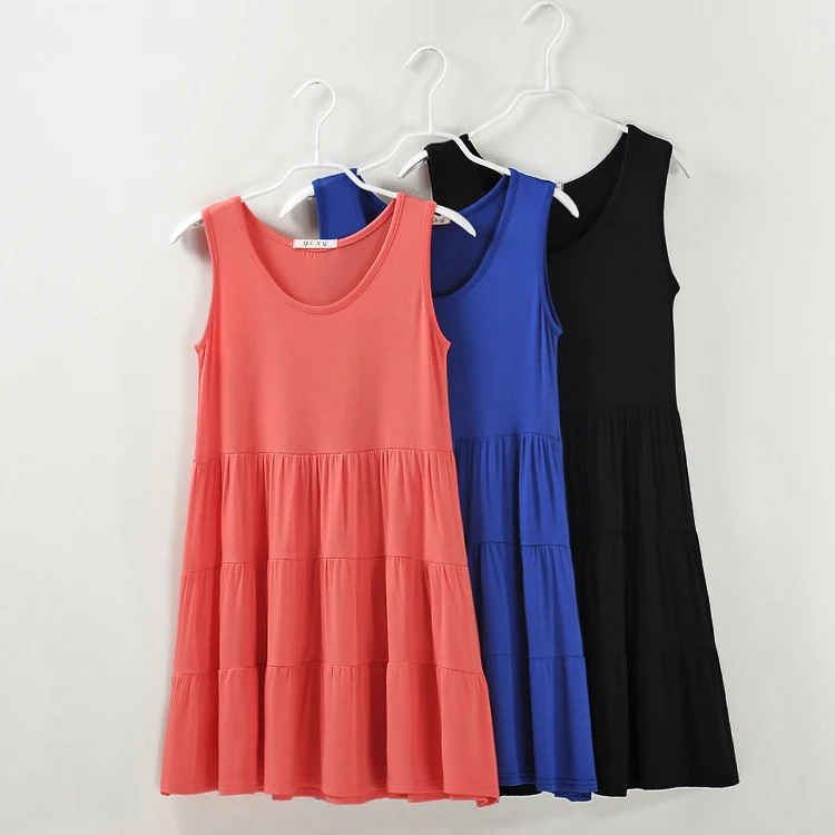 Женское летнее платье 2014 новый дизайн без рукавов плиссированное чистый цвет