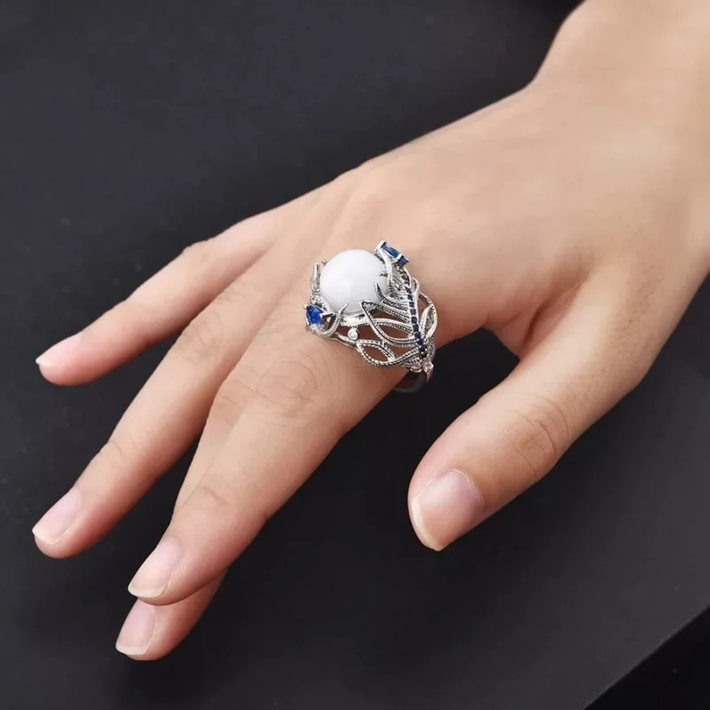 Кольцо женское с белым лунным камнем винтажное ажурное ювелирное изделие