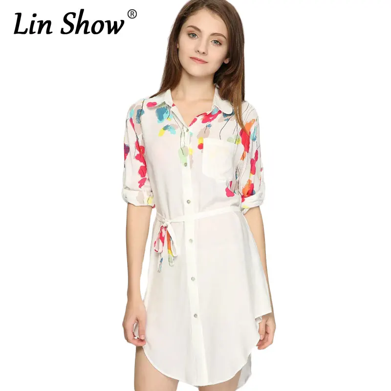 LINSHOW Цветочный Принт Женщины Mini Dress Летом С Длинным Рукавом Нагрудные Хлопок