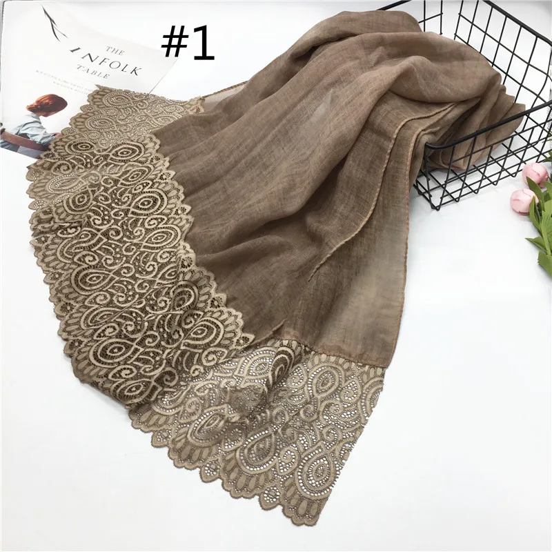 Fashion luxury floral lace with plain solid viscose shawl foulard muslim echarpe women scarf hijabs bandana 10pcs fast shipping |