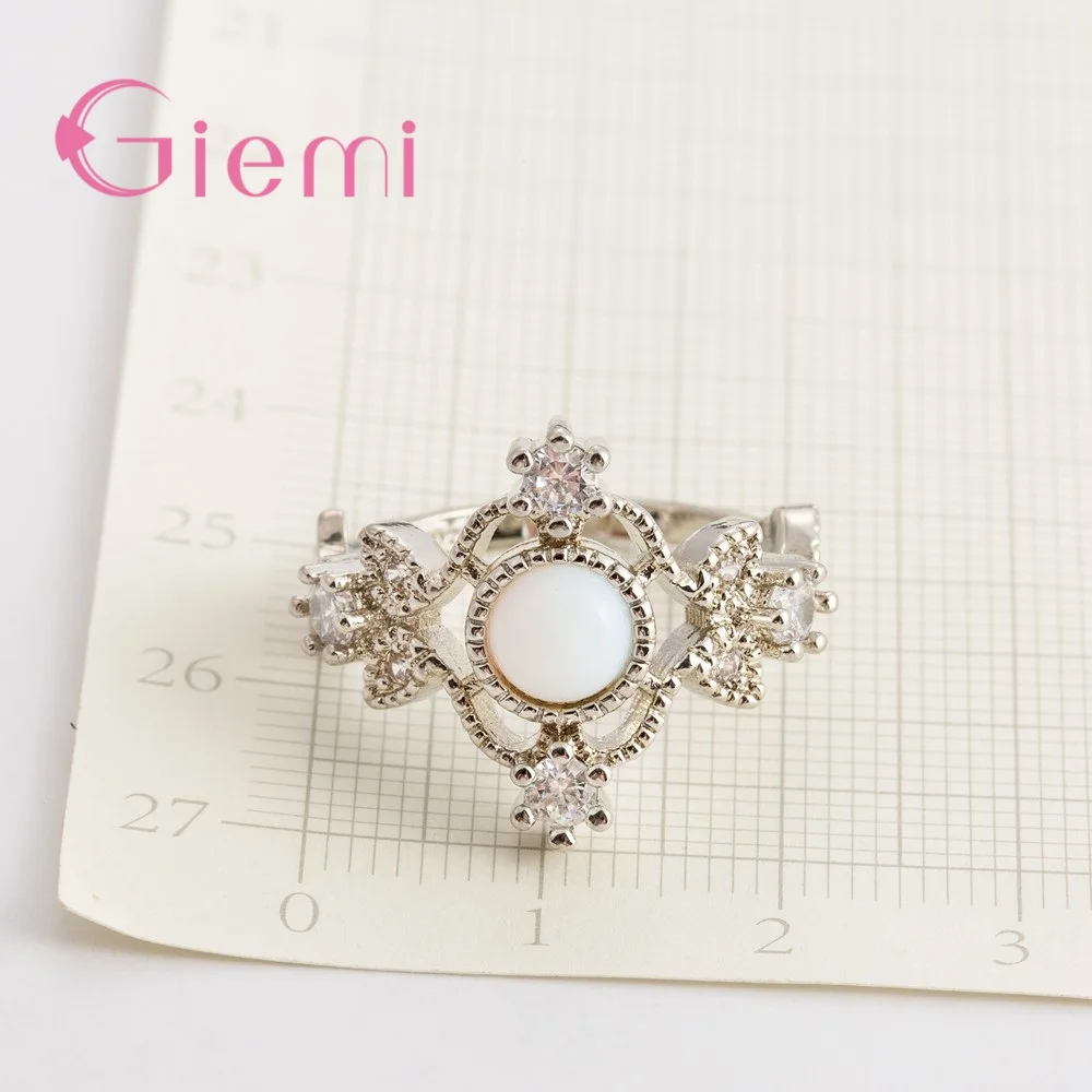 

Fashion Women Female Party Wedding Jewelry 925 Sterling Silver Geometric Lace Ring With Fine Round Opal