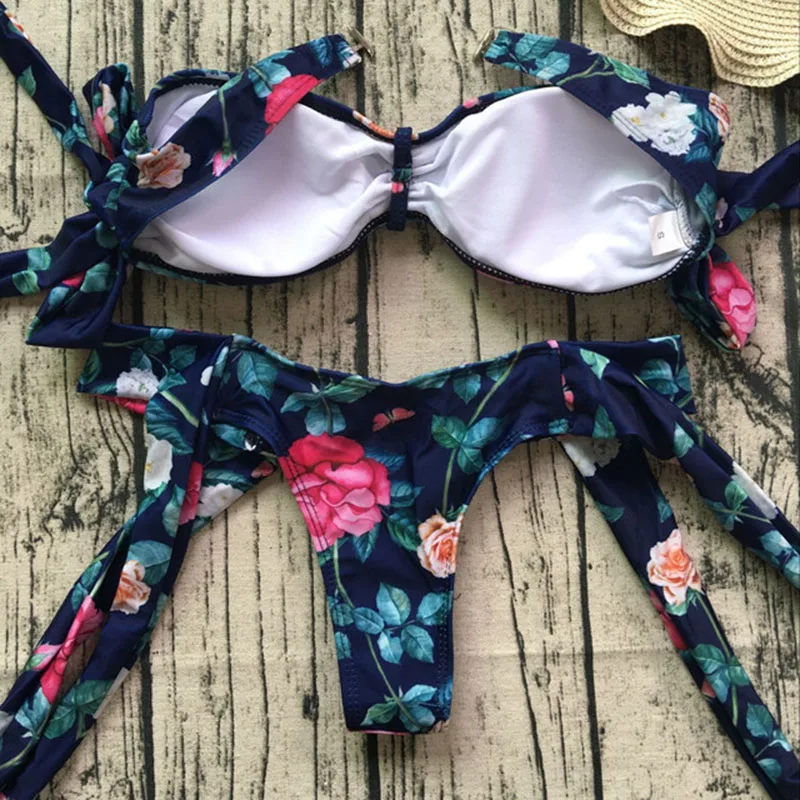 Бонни лес осень 2017 г. с цветочным принтом Двойка пляжная низкая талия бразильский